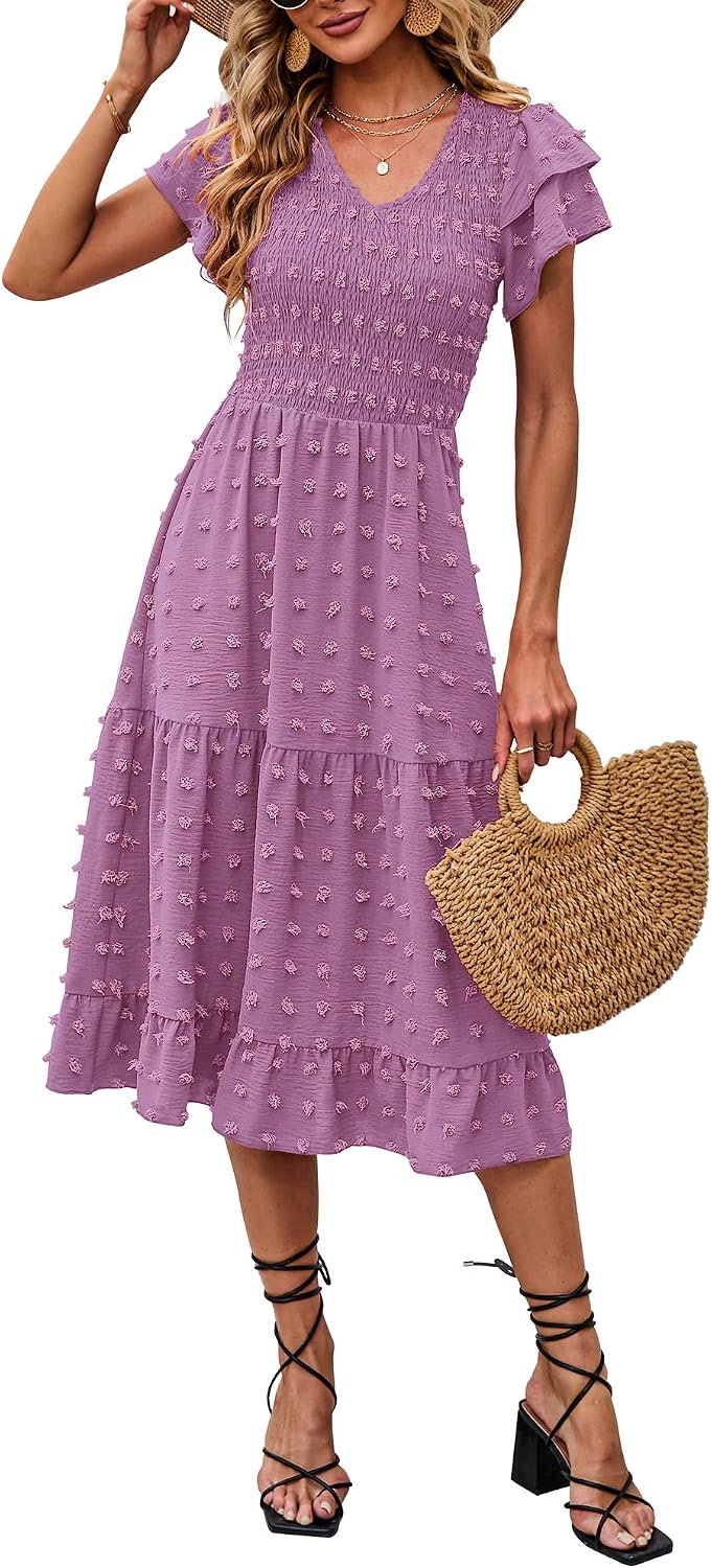 Womens Business Casual Summer Short Ruffles Tiered Sleeve Smocked Midi Dresses Bohemian Floral V Neck Wedding Guest Long Dresses