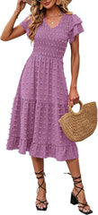 Womens Business Casual Summer Short Ruffles Tiered Sleeve Smocked Midi Dresses Bohemian Floral V Neck Wedding Guest Long Dresses