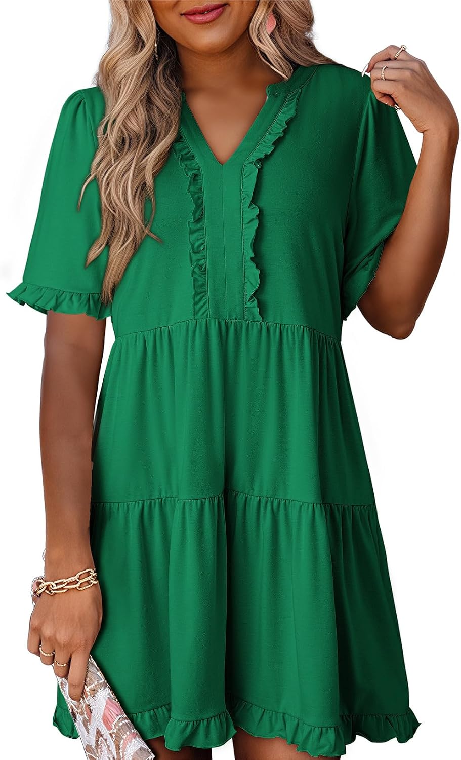 2026 Business Casual Women's Summer V Neck A Line Short Sleeve Casual Ruffle Babydoll Mini Dress Daily Office Wear