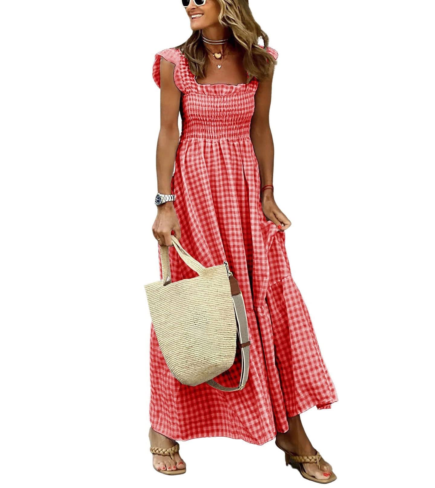 Minimalist Women's Retro Plaid Smocked Spaghetti Strap Flounce Long Casual Daily Wear Dress
