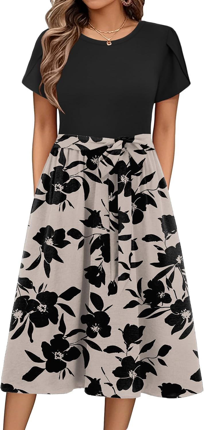 Womens Minimalist Summer Midi Dress Short Sleeve Casual 2025 Floral T-Shirt Dress Flowy Beach Sundress with Pockets