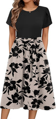 Womens Minimalist Summer Midi Dress Short Sleeve Casual 2025 Floral T-Shirt Dress Flowy Beach Sundress with Pockets