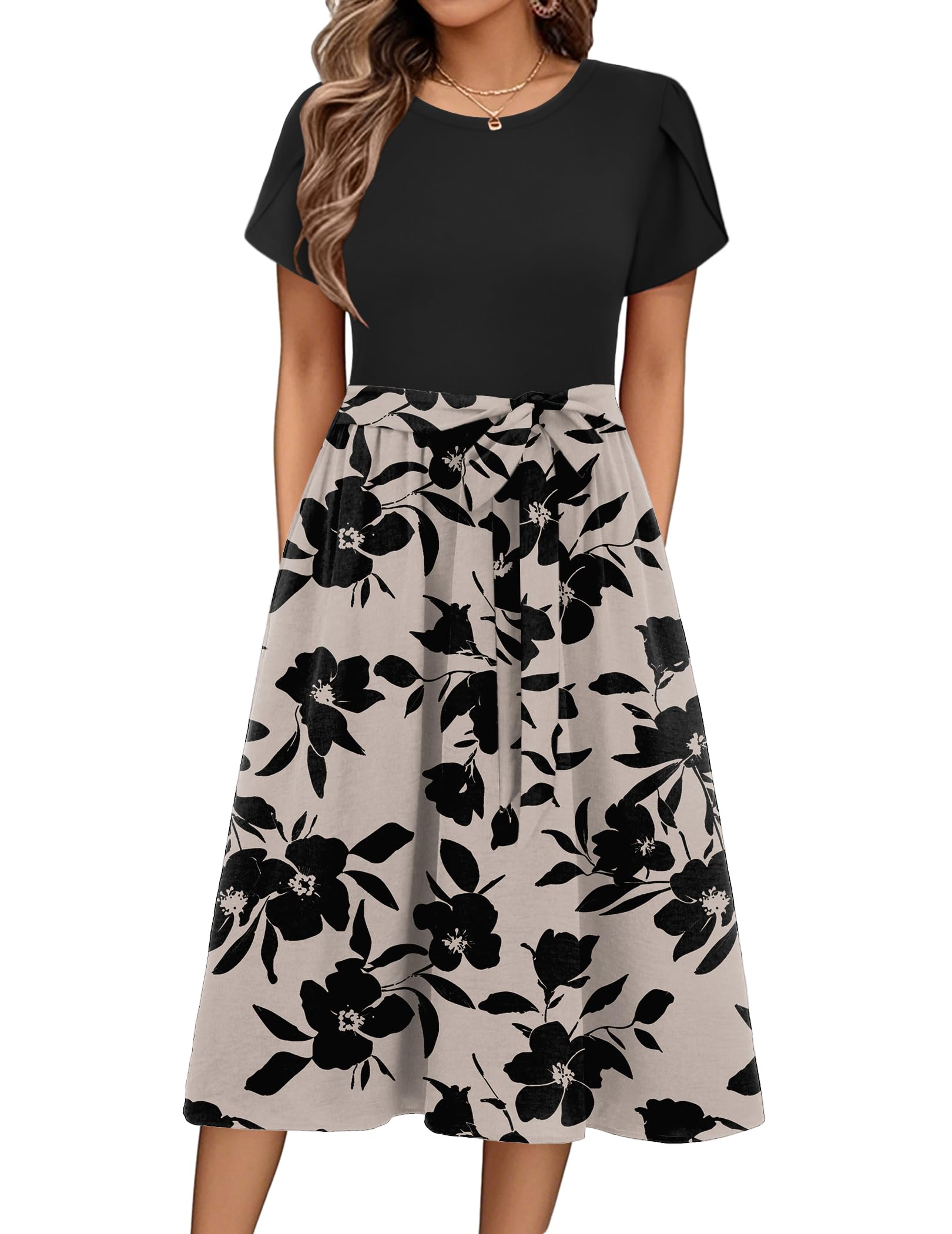 Womens Minimalist Summer Midi Dress Short Sleeve Casual 2025 Floral T-Shirt Dress Flowy Beach Sundress with Pockets