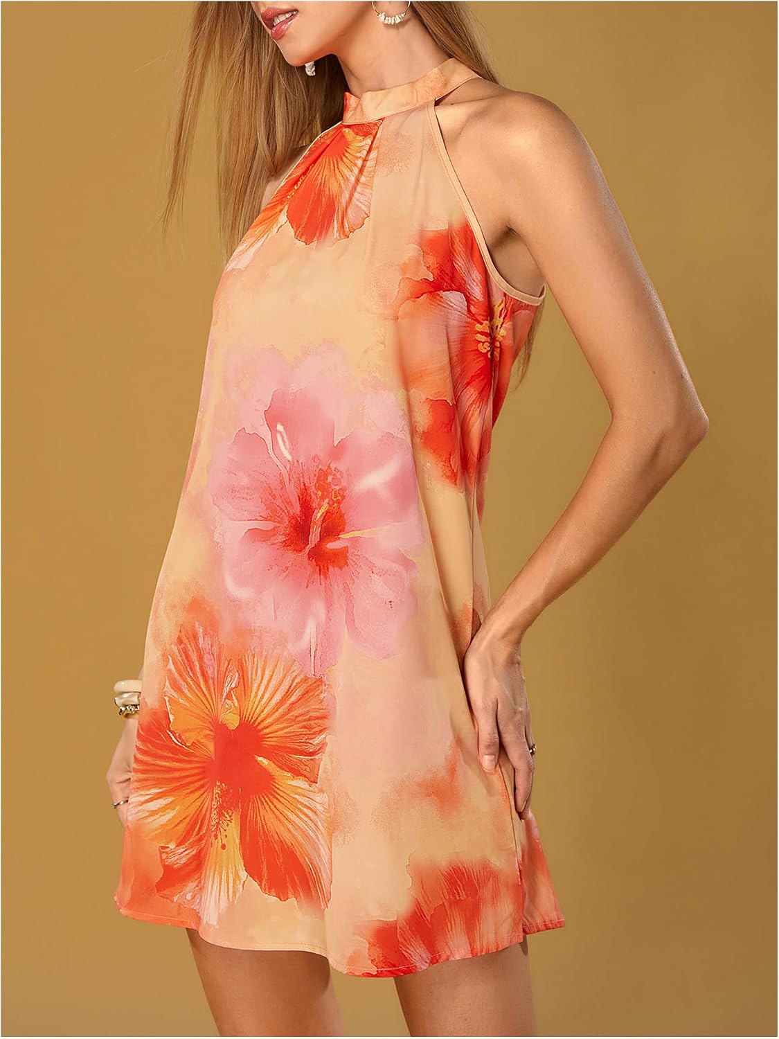 Business Casual Women's Sleeveless Halter Neck Floral Print A Line Short Sundress Summer Daily Office Wear Dress