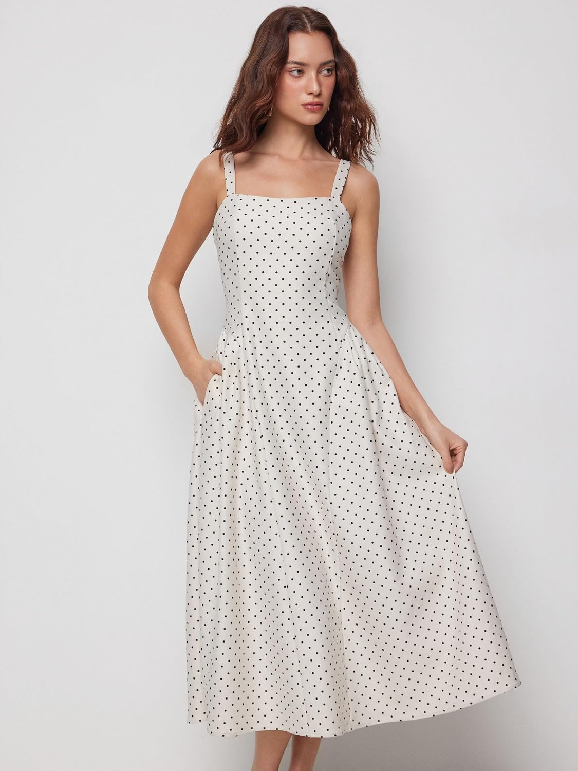 Womens Minimalist Polka Dots Summer Casual Dresses Square Neck Sleeveless Midi A Line Elegant Daily Dress
