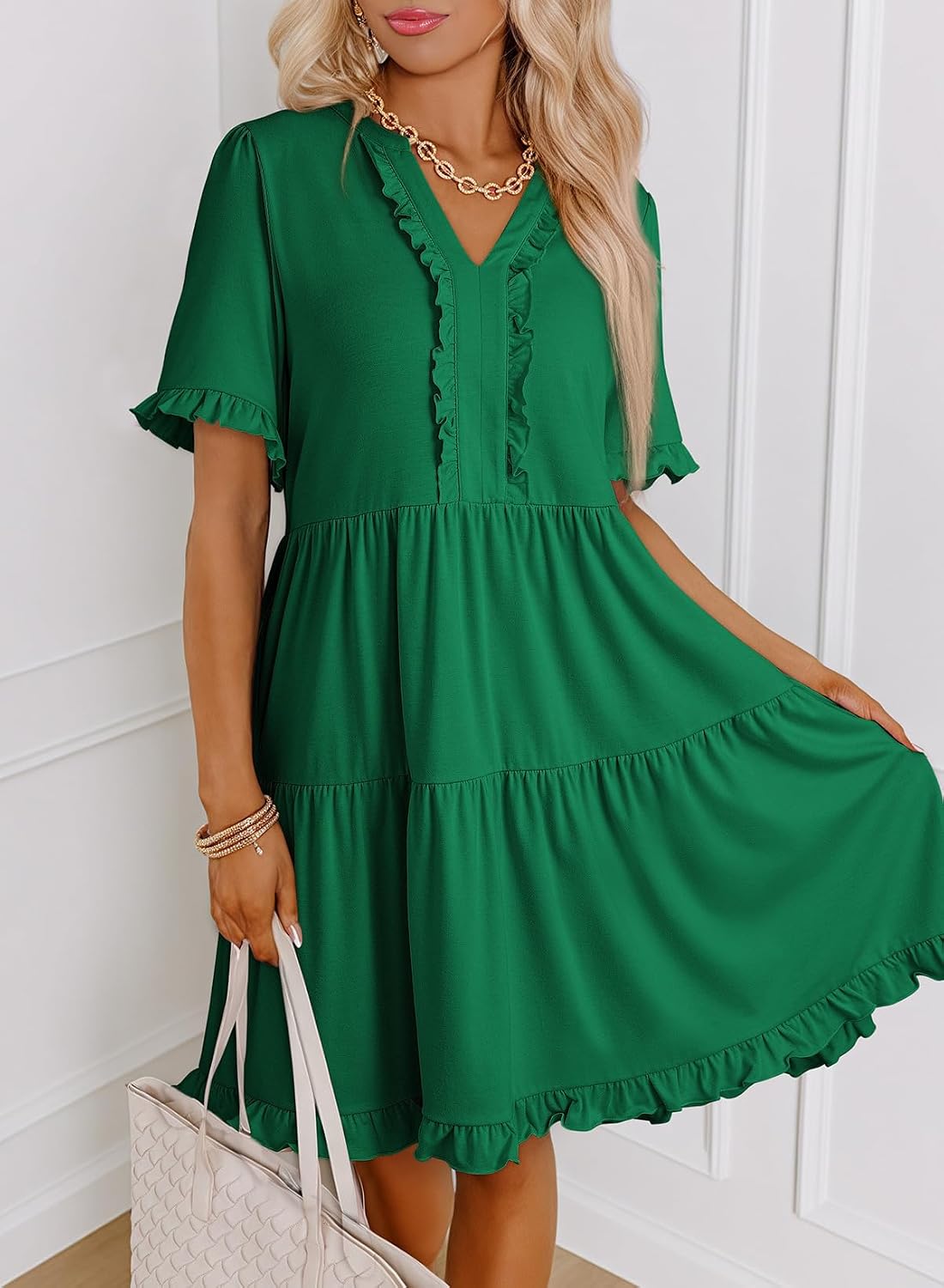 2026 Business Casual Women's Summer V Neck A Line Short Sleeve Casual Ruffle Babydoll Mini Dress Daily Office Wear
