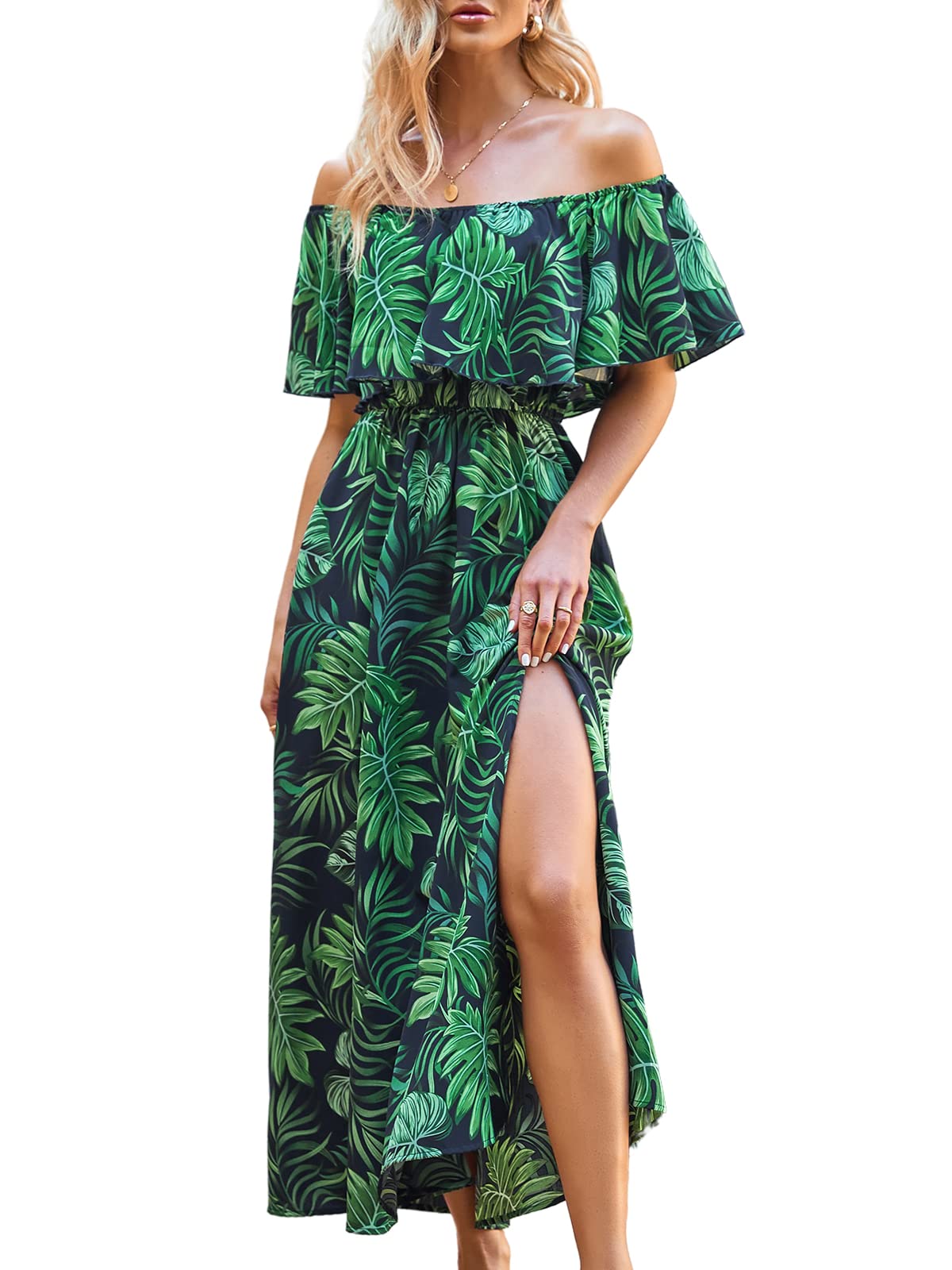 Youth Womens Ruffle Floral Maxi Summer Dress Off Shoulder Short Sleeve Backless Flounce Bodice Slit Hem Beach Dresses