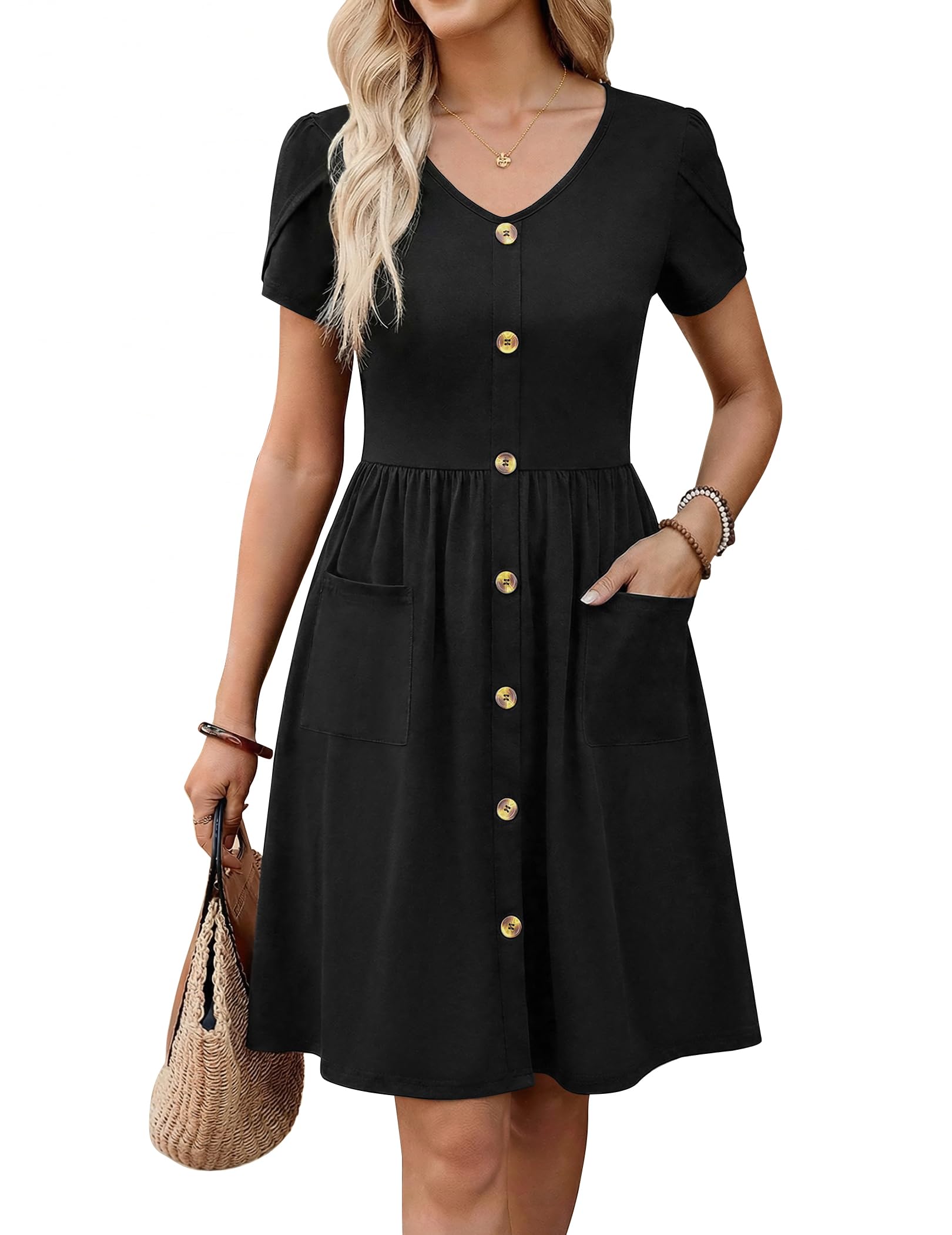 Minimalist 2026 Women's Summer Mini Petal Short Sleeve Pleated Button Down V Neck Floral Beach Swing Vacation Dress