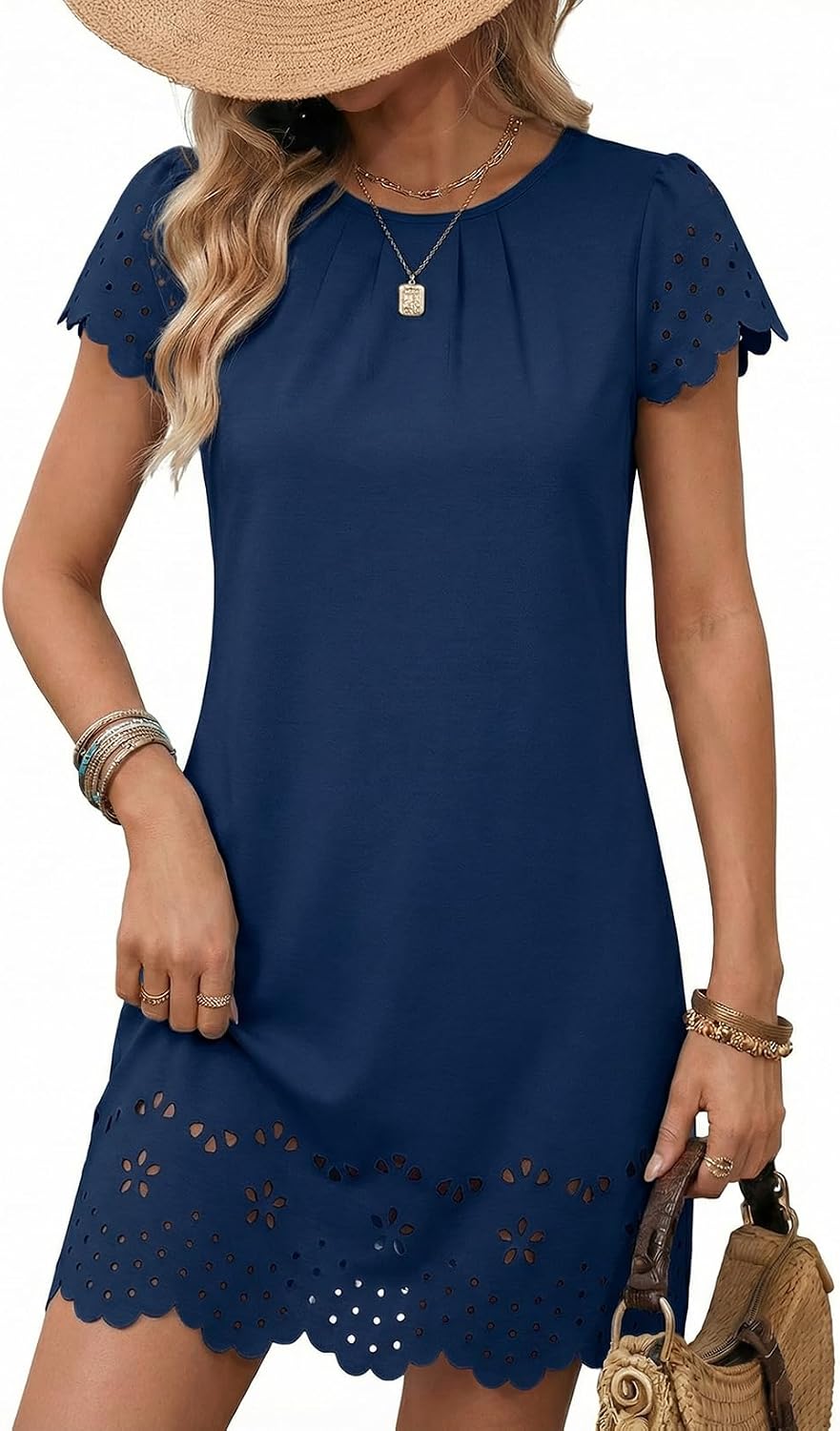 2026 Minimalist Womens Summer Mini Dress Short Sleeve Hollow Out Crewneck Pleated Front Casual Elegant Short Dress