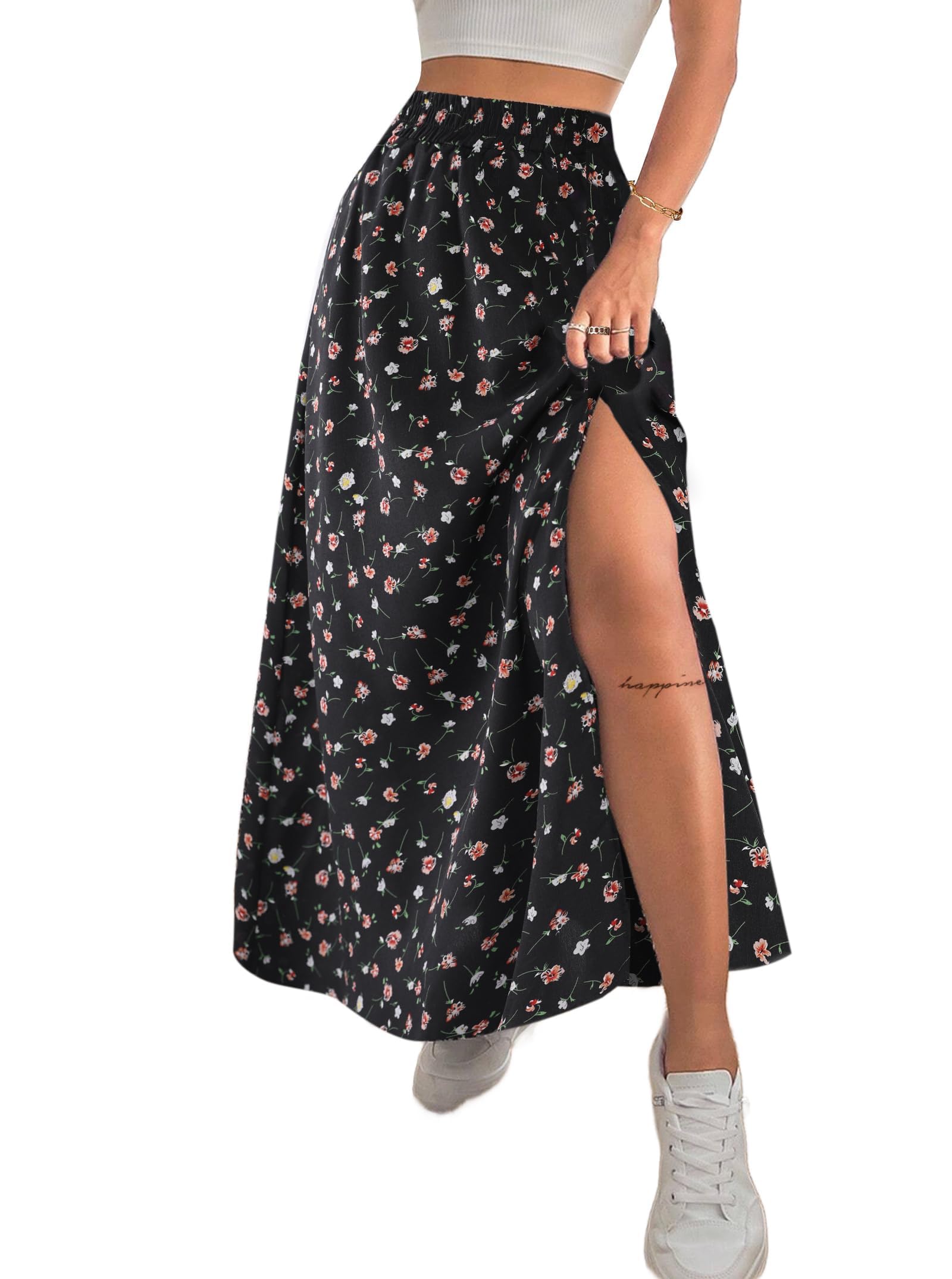 Business Womens Boho Floral Split Thigh High Waisted Slit Maxi Skirt Long Skirt for Business Casual Office Daily Wear