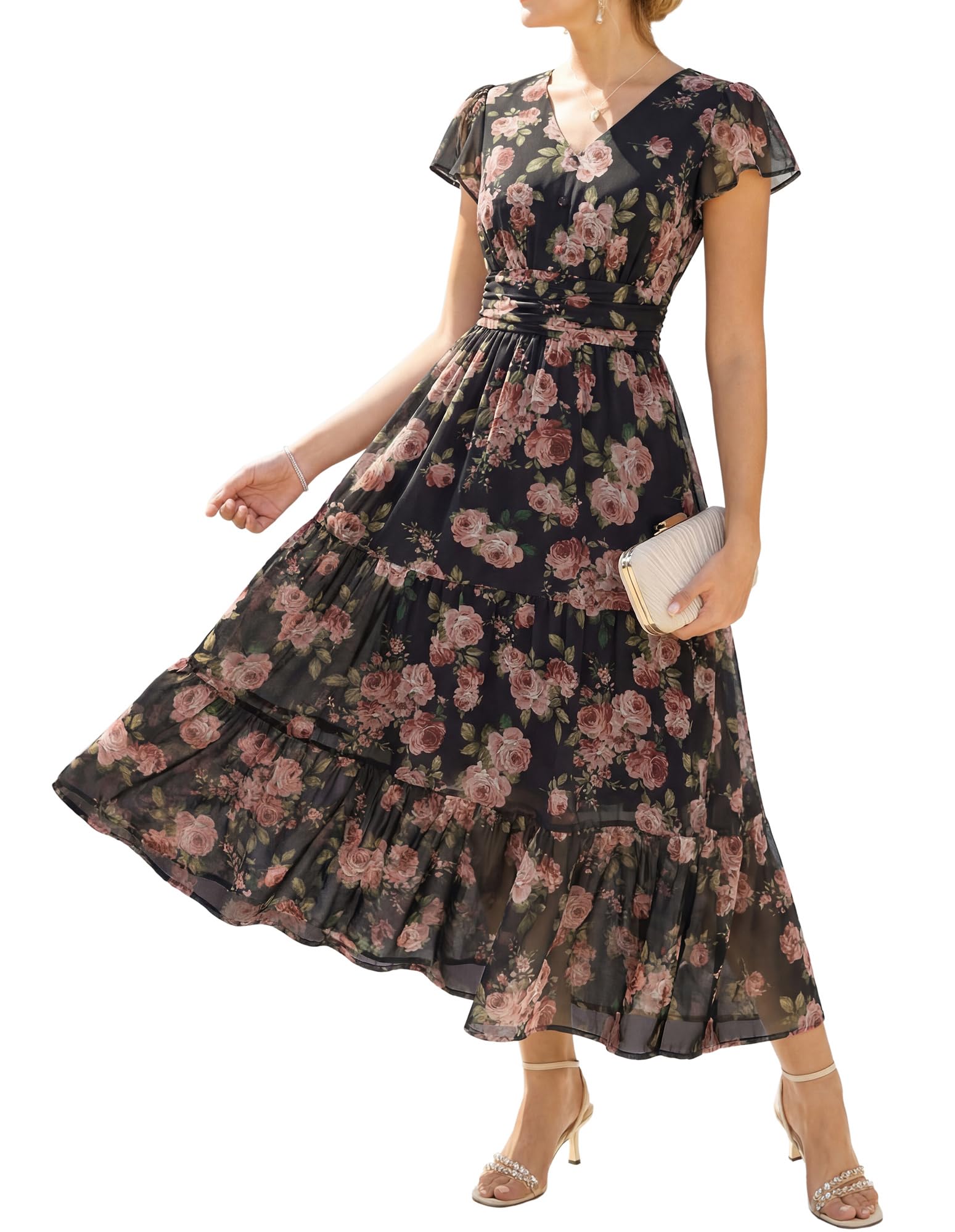 Youth 2026 Womens Summer Maxi Dress Short Sleeve Floral Semi Formal Flowy Wedding Guest Dress with Pocket