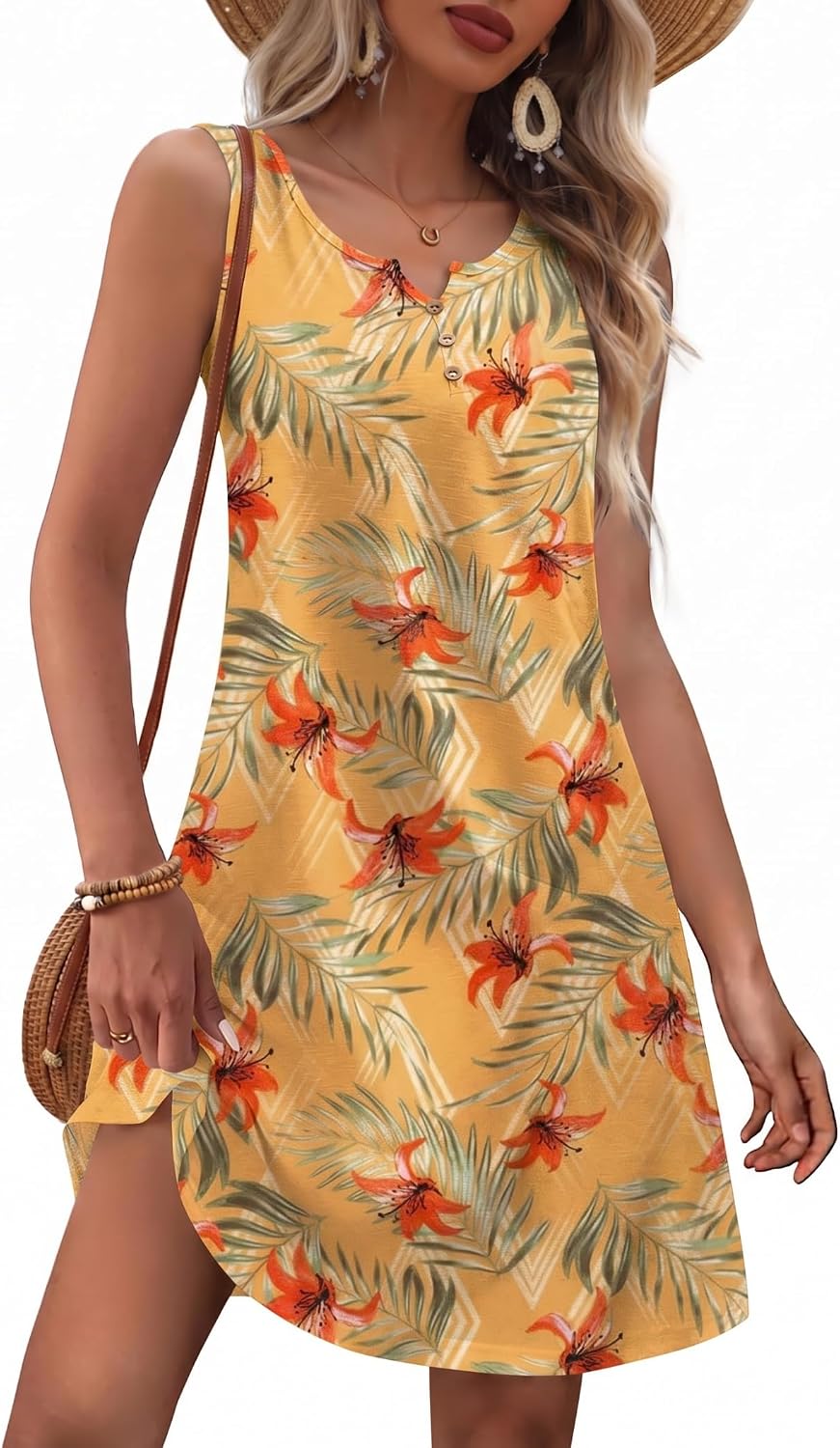 Womens Business Summer Dresses V Neck Sleeveless Sundresses Boho Beach A Line Tshirt Tank Dress with Pockets