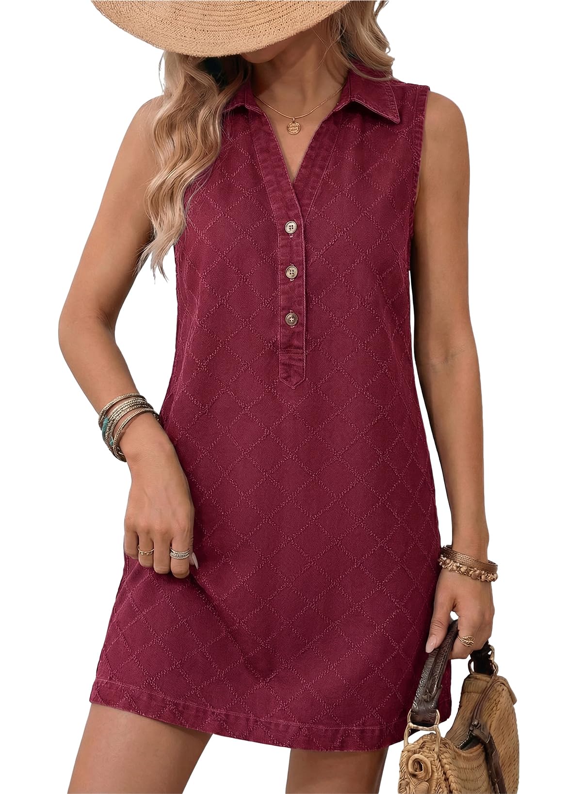 Womens Business Summer Casual Sleeveless V Neck Button Mini Denim Dress with Pockets Daily Outing