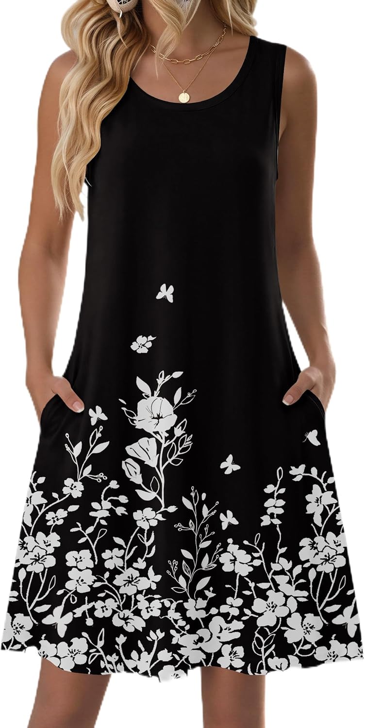 Youth 2026 Summer Dresses For Women Sleeveless Casual Floral Tshirt Sundress With Pockets Loose Tank Beach Vacation Dress