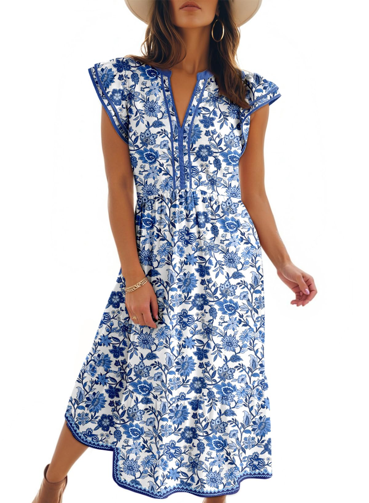 2026 Business Womens Summer V Neck Ruffle Cap Sleeve Empire Waist Flowy Striped Beach Midi Maxi Dress With Pockets