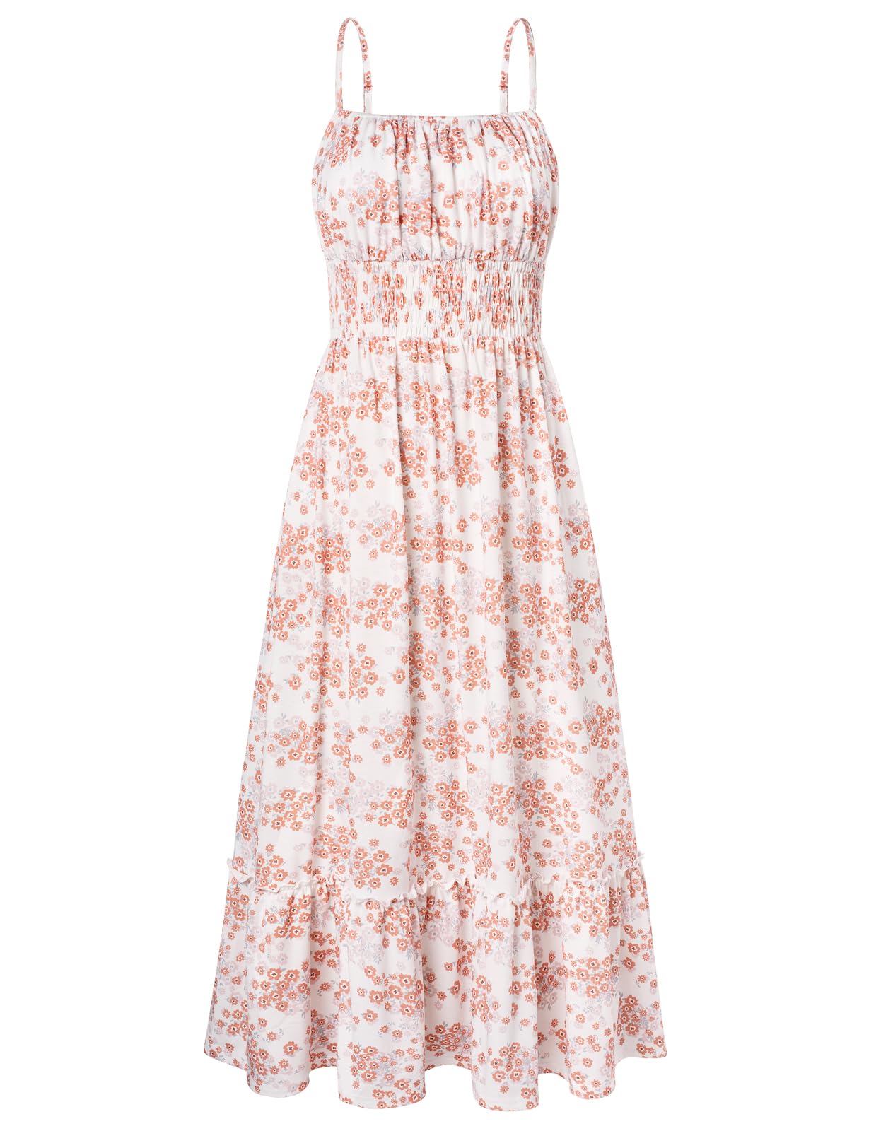 2026 Business Casual Women's Summer Smocked Floral Boho Maxi Dress Vacation Beach Sundress With Pockets Daily Wear