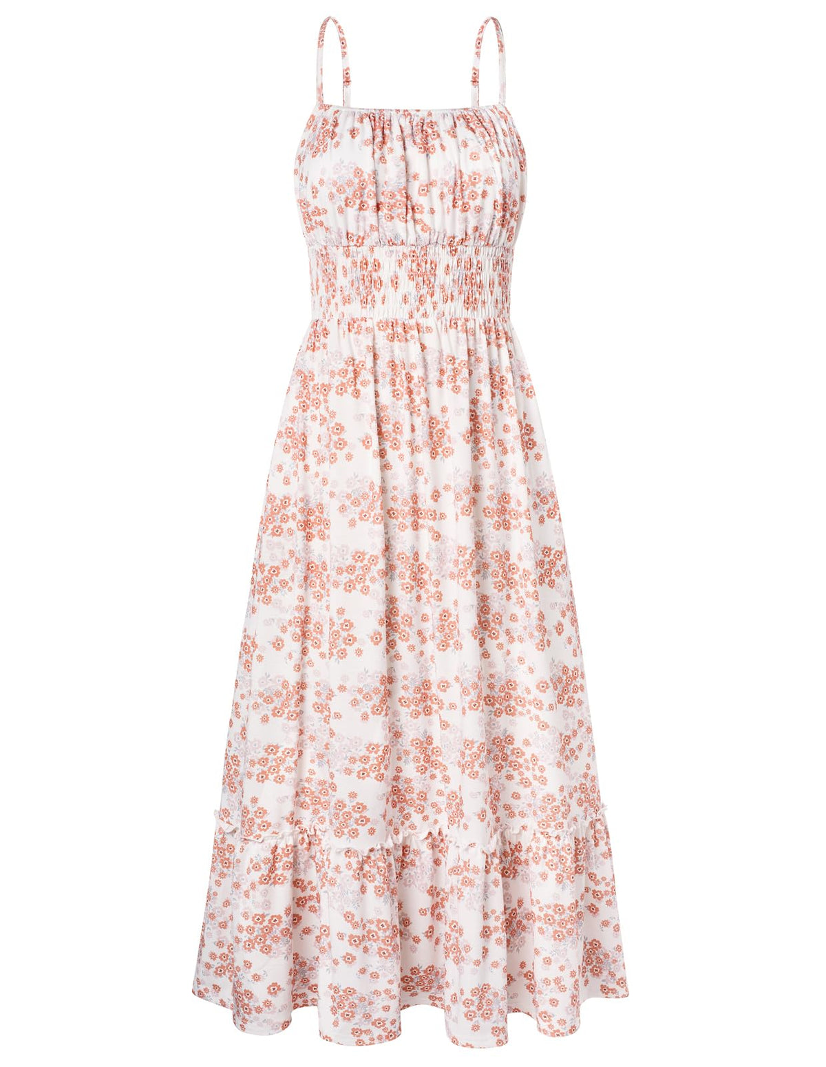 2026 Business Casual Women's Summer Smocked Floral Boho Maxi Dress Vacation Beach Sundress With Pockets Daily Wear