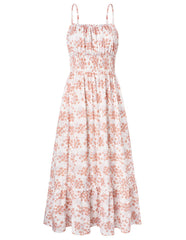2026 Business Casual Women's Summer Smocked Floral Boho Maxi Dress Vacation Beach Sundress With Pockets Daily Wear