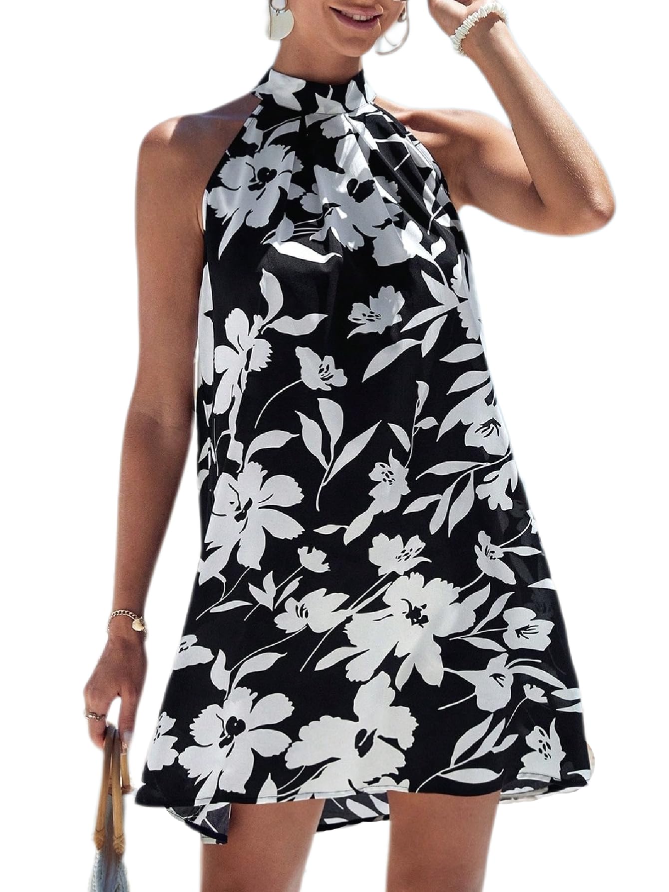 Business Casual Women's Sleeveless Halter Neck Floral Print A Line Short Sundress Summer Daily Office Wear Dress