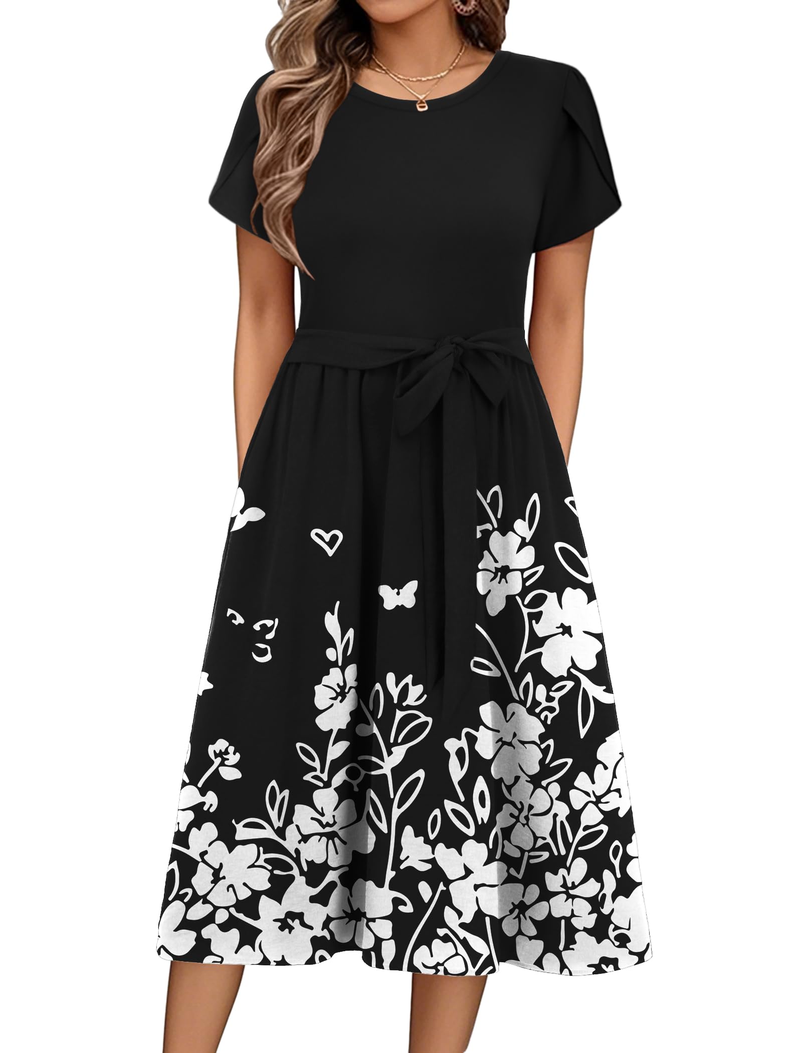 Womens Minimalist Summer Midi Dress Short Sleeve Casual 2025 Floral T-Shirt Dress Flowy Beach Sundress with Pockets