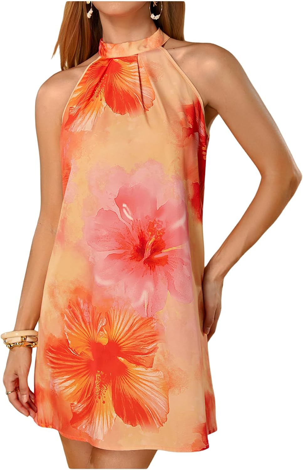 Business Casual Women's Sleeveless Halter Neck Floral Print A Line Short Sundress Summer Daily Office Wear Dress