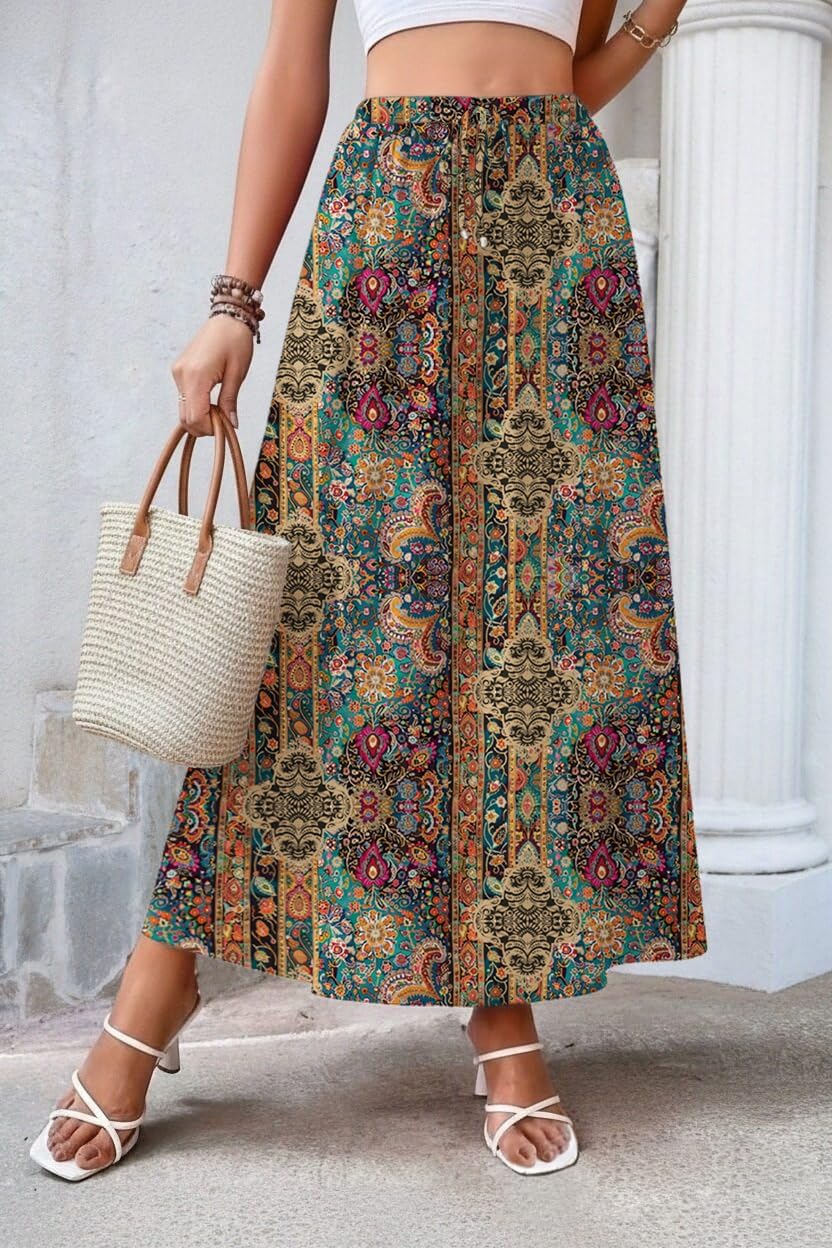 2026 Minimalist Boho Floral Maxi Skirt for Women Casual Elastic High Waist Flowy A Line Long Beach Skirt with Side Pockets
