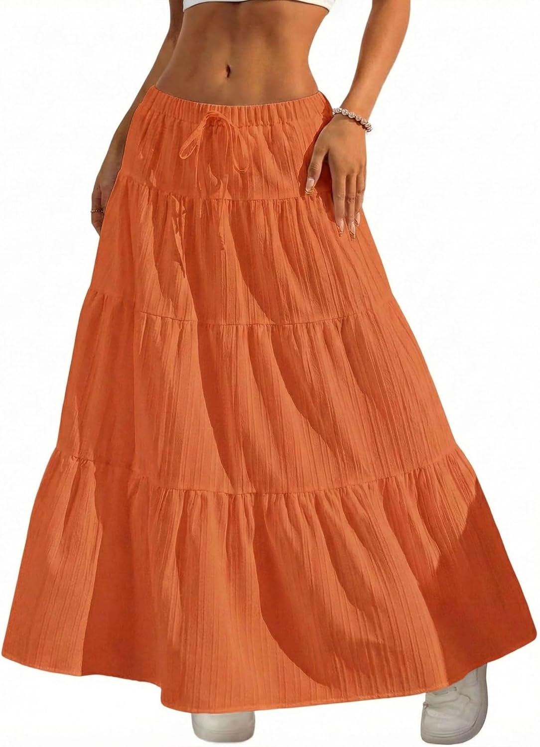 2026 Business Womens Boho Flowy White Maxi Skirt Flared Ruffle Elastic Waist Summer A Line Long Skirt for Business Events