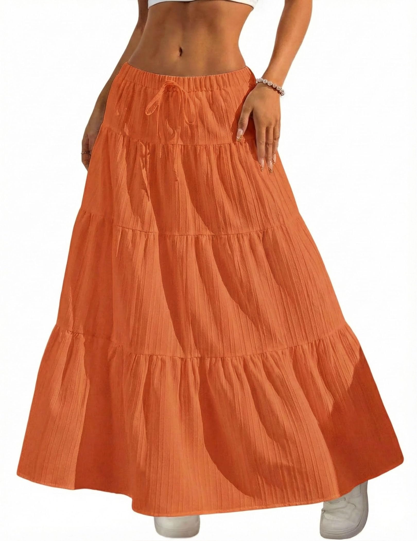 2026 Business Womens Boho Flowy White Maxi Skirt Flared Ruffle Elastic Waist Summer A Line Long Skirt for Business Events