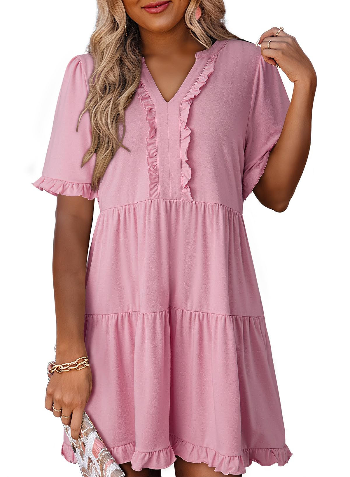 2026 Business Casual Women's Summer V Neck A Line Short Sleeve Casual Ruffle Babydoll Mini Dress Daily Office Wear
