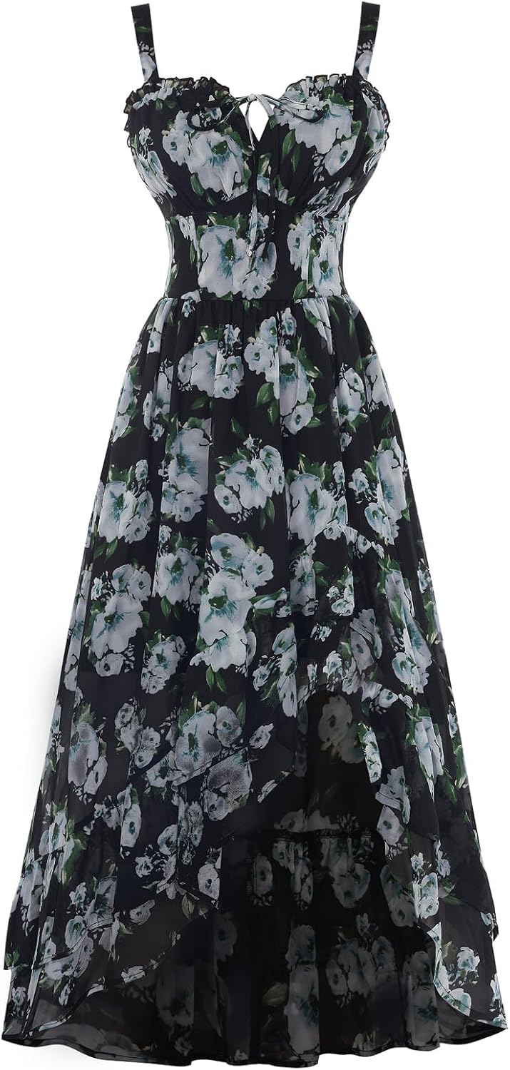 Womens Business Corset Dress Summer Floral Flowy High Low Milkmaid Sundress for Wedding Party Events