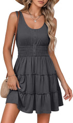 Youth 2026 Women's Summer Sleeveless Button Down Smocked Empire Waist Ruffle Tiered Casual Swing Mini Dress