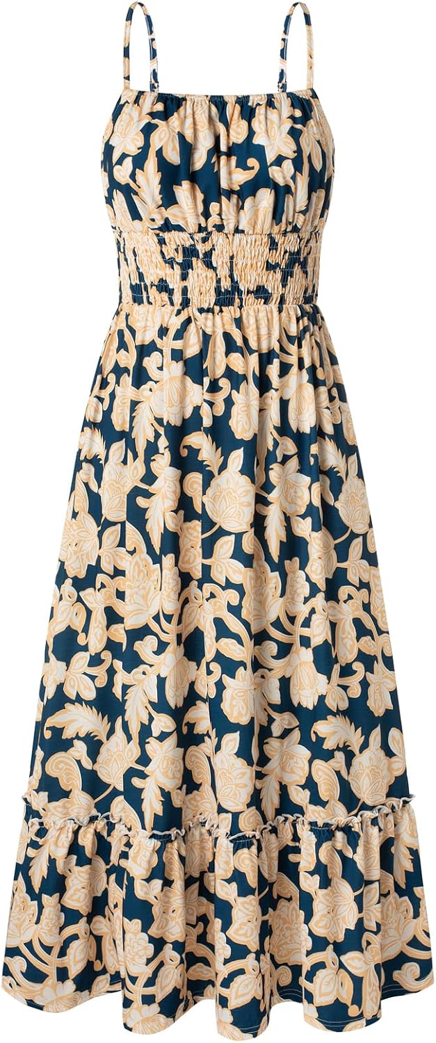 2026 Business Casual Women's Summer Smocked Floral Boho Maxi Dress Vacation Beach Sundress With Pockets Daily Wear