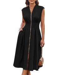 Womens Business Summer Casual Dress Office Work Dresses Cap Sleeve Zipper Front Flowy Midi Dress with Pockets