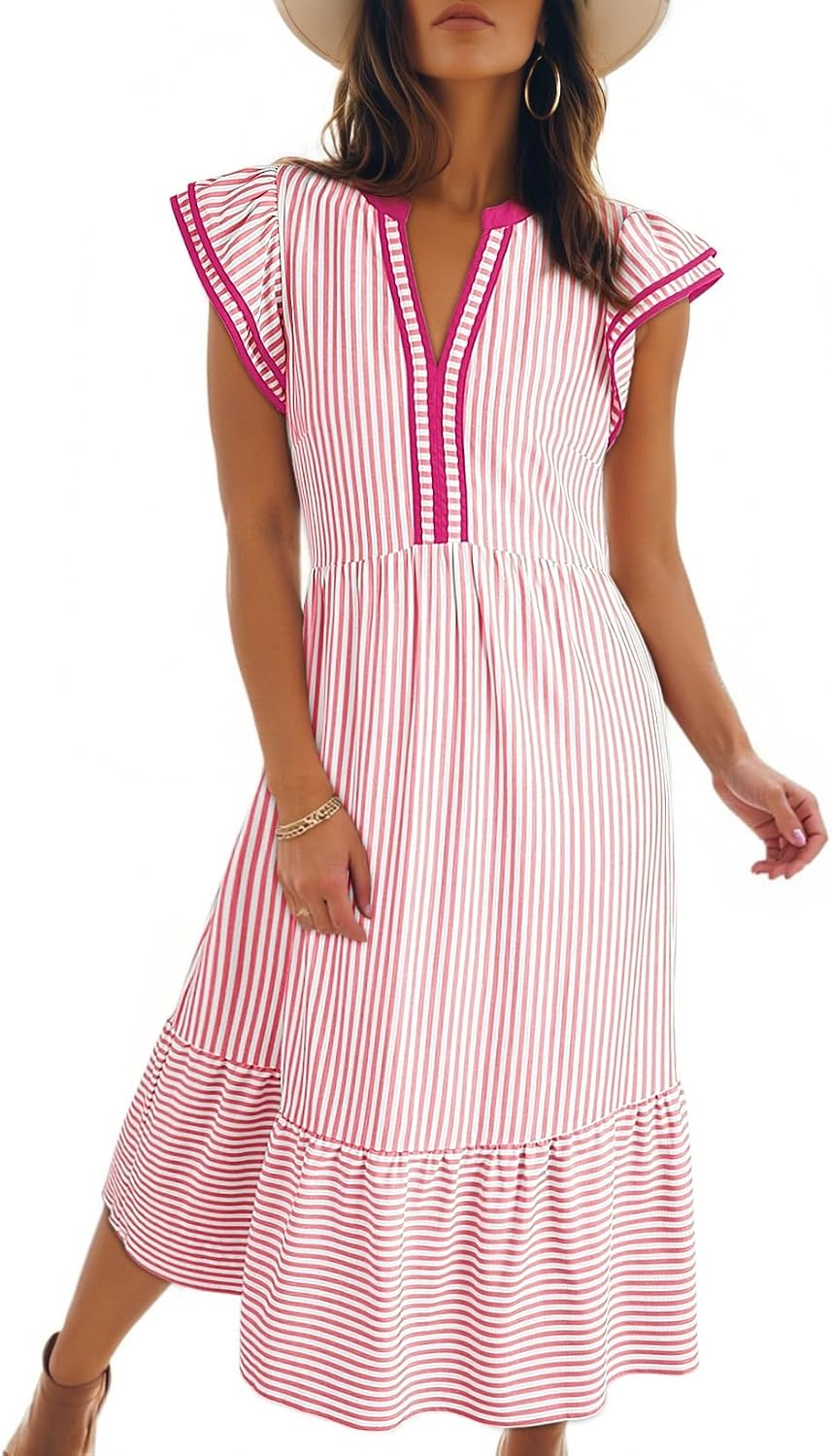 2026 Business Womens Summer V Neck Ruffle Cap Sleeve Empire Waist Flowy Striped Beach Midi Maxi Dress With Pockets