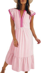 2026 Business Womens Summer V Neck Ruffle Cap Sleeve Empire Waist Flowy Striped Beach Midi Maxi Dress With Pockets