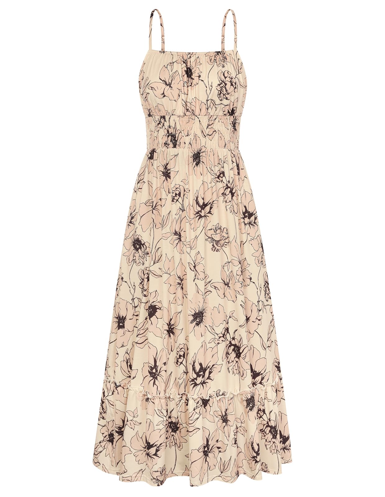 2026 Business Casual Women's Summer Smocked Floral Boho Maxi Dress Vacation Beach Sundress With Pockets Daily Wear