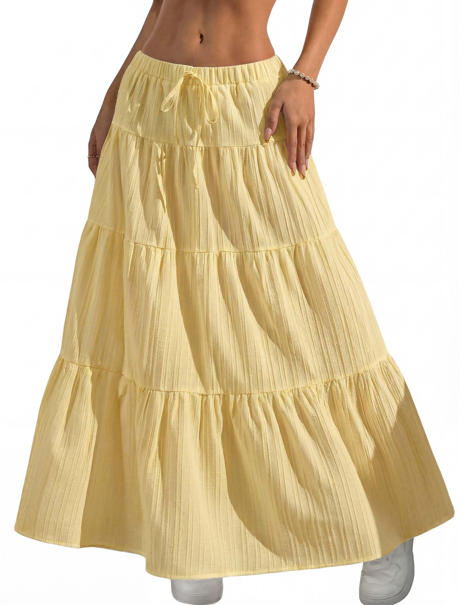 2026 Business Womens Boho Flowy White Maxi Skirt Flared Ruffle Elastic Waist Summer A Line Long Skirt for Business Events