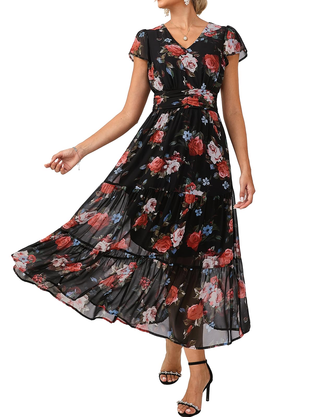 Youth 2026 Womens Summer Maxi Dress Short Sleeve Floral Semi Formal Flowy Wedding Guest Dress with Pocket
