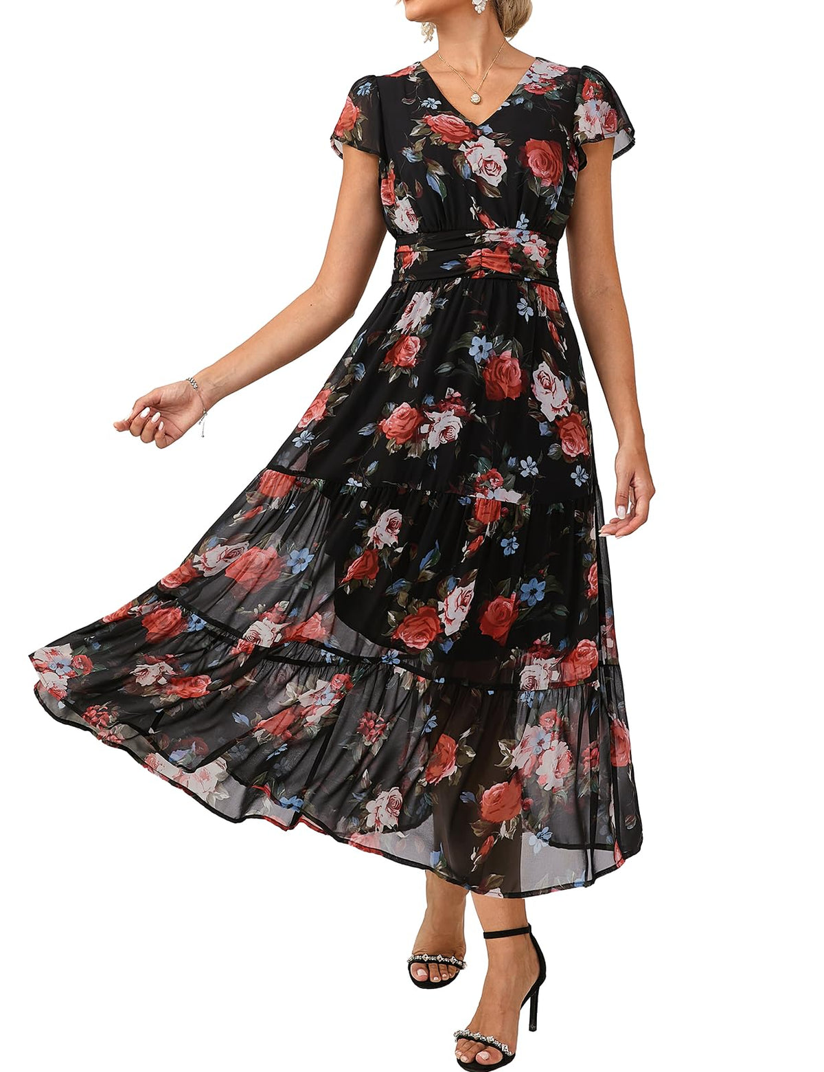 Youth 2026 Womens Summer Maxi Dress Short Sleeve Floral Semi Formal Flowy Wedding Guest Dress with Pocket