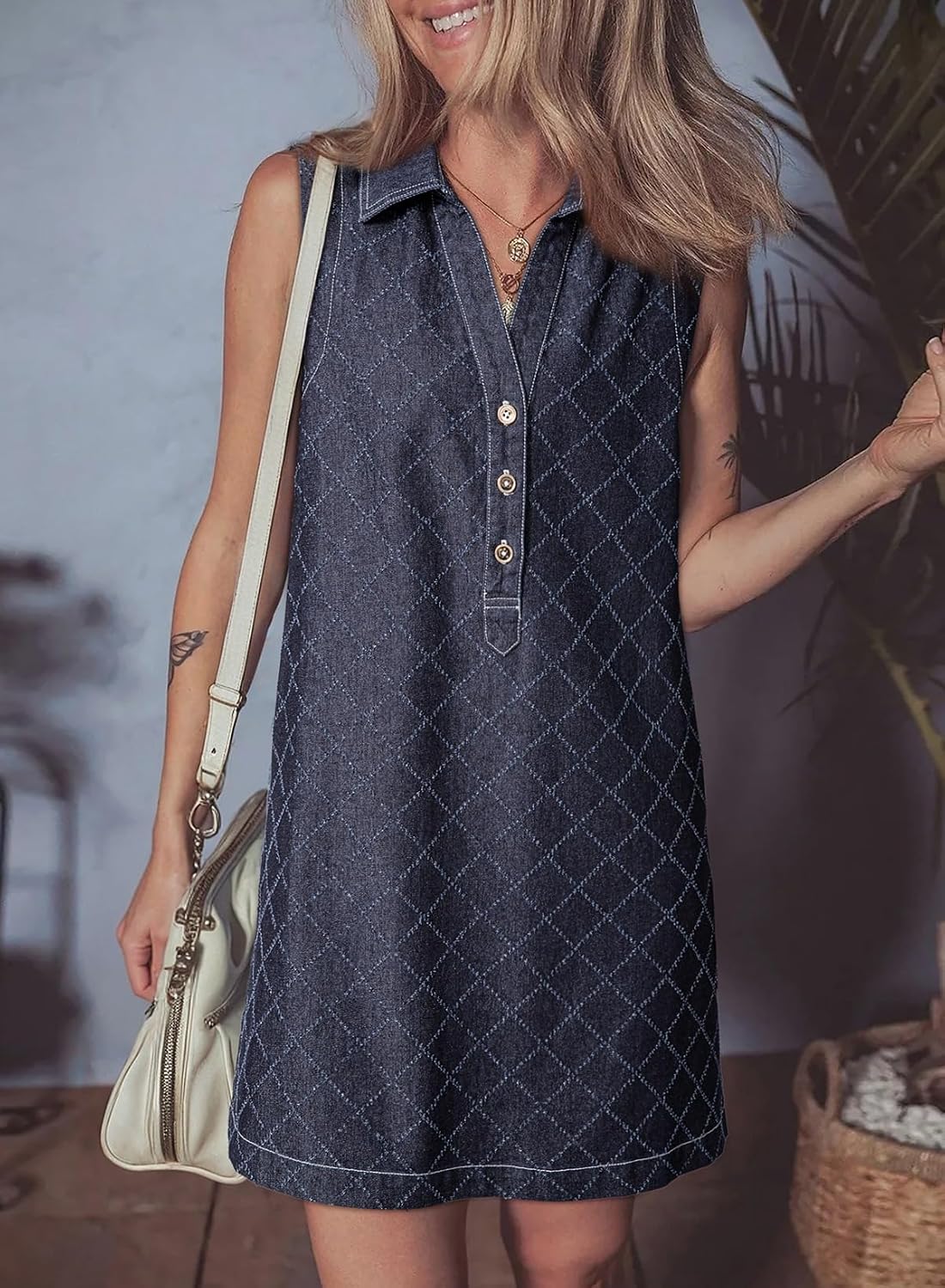 Womens Business Summer Casual Sleeveless V Neck Button Mini Denim Dress with Pockets Daily Outing