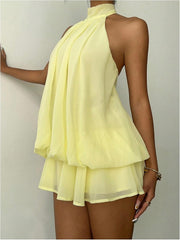 Business Casual Women's Chiffon Halter Drop Waist Ruffle Loose Fit Mini Dress Summer Wedding Guest Brunch Outfit Dress