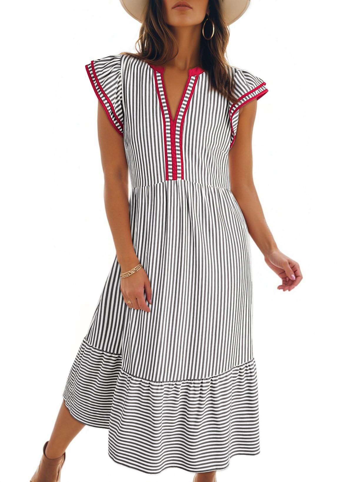 2026 Business Womens Summer V Neck Ruffle Cap Sleeve Empire Waist Flowy Striped Beach Midi Maxi Dress With Pockets
