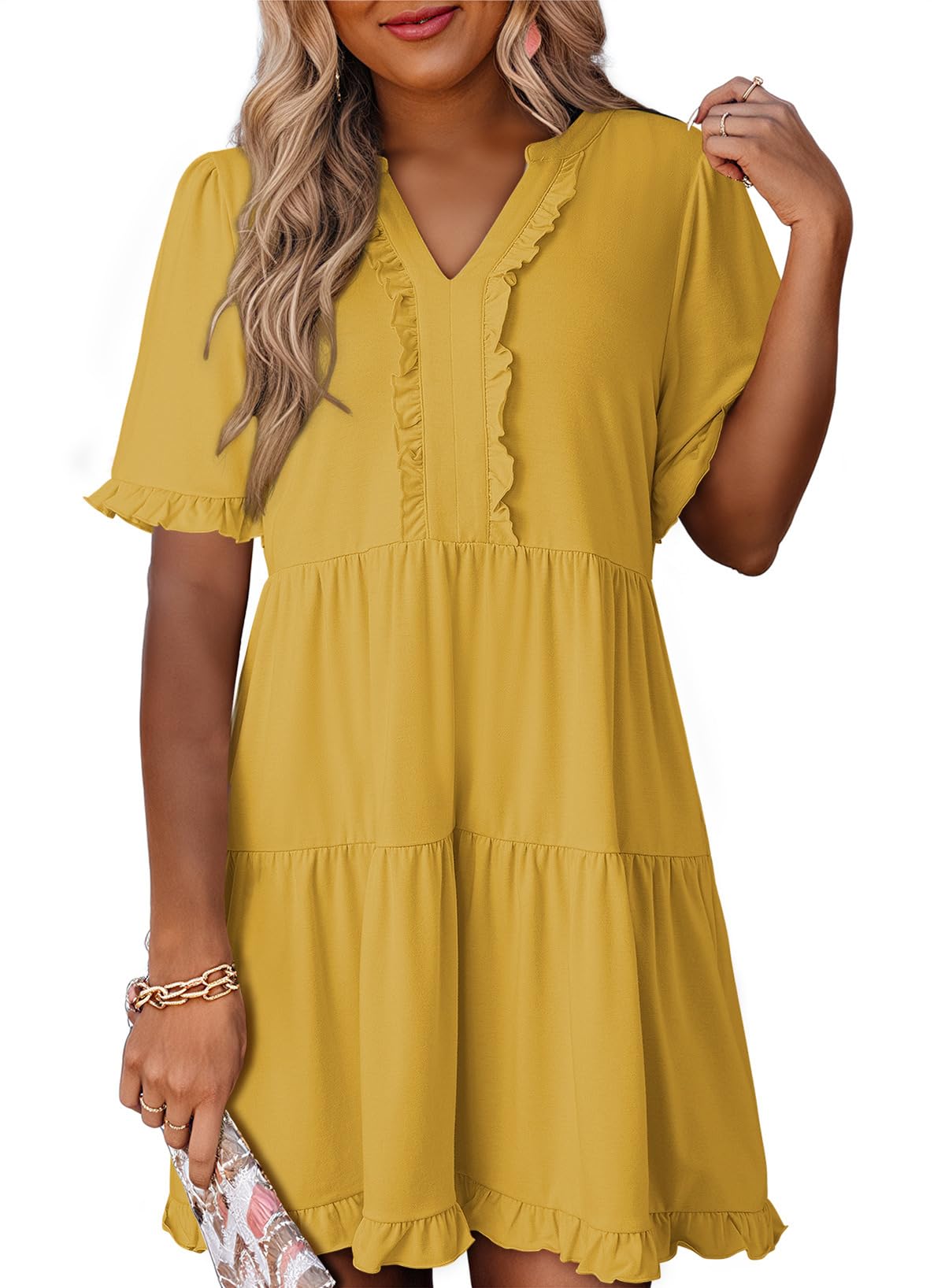 2026 Business Casual Women's Summer V Neck A Line Short Sleeve Casual Ruffle Babydoll Mini Dress Daily Office Wear
