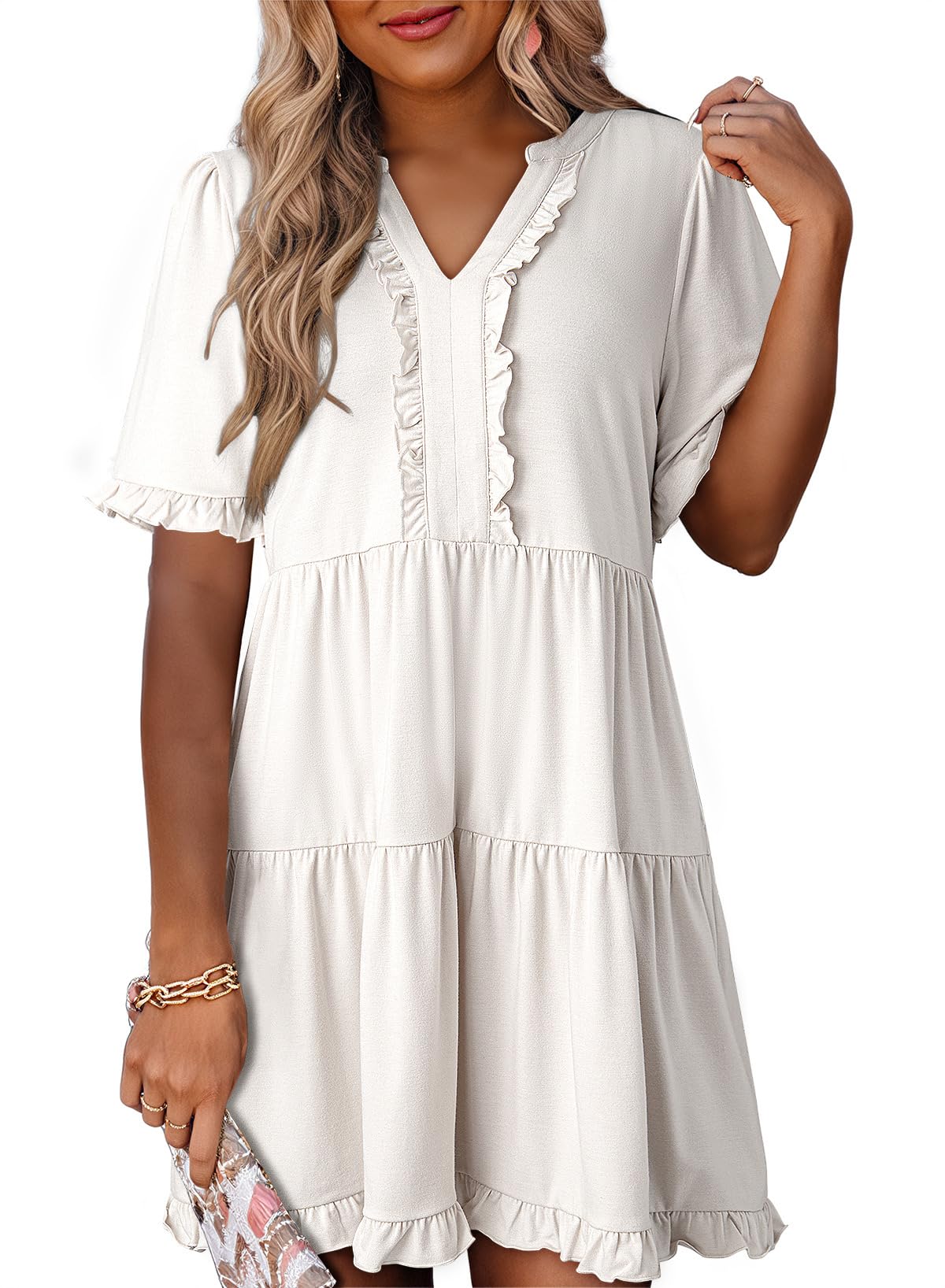 2026 Business Casual Women's Summer V Neck A Line Short Sleeve Casual Ruffle Babydoll Mini Dress Daily Office Wear