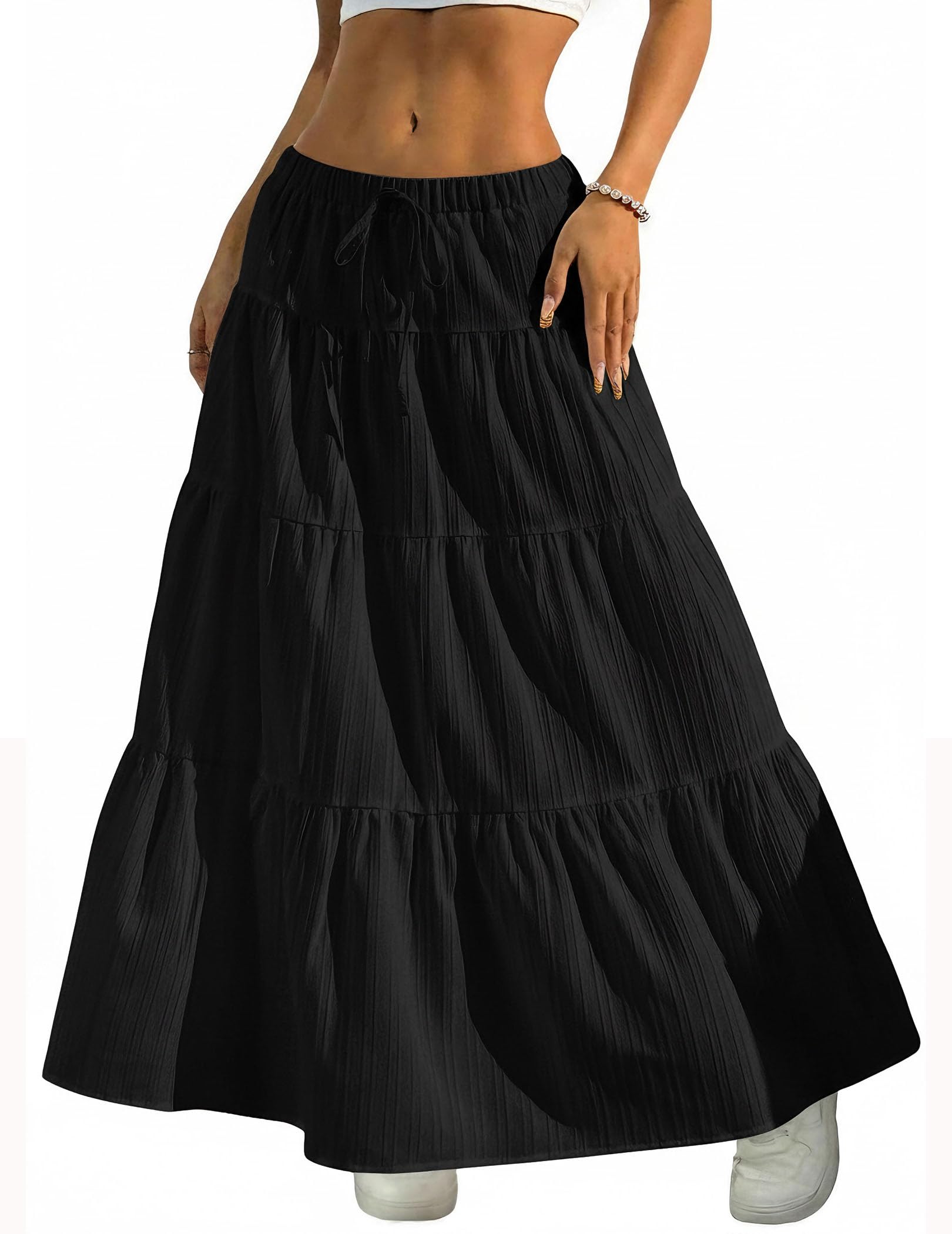 2026 Business Womens Boho Flowy White Maxi Skirt Flared Ruffle Elastic Waist Summer A Line Long Skirt for Business Events
