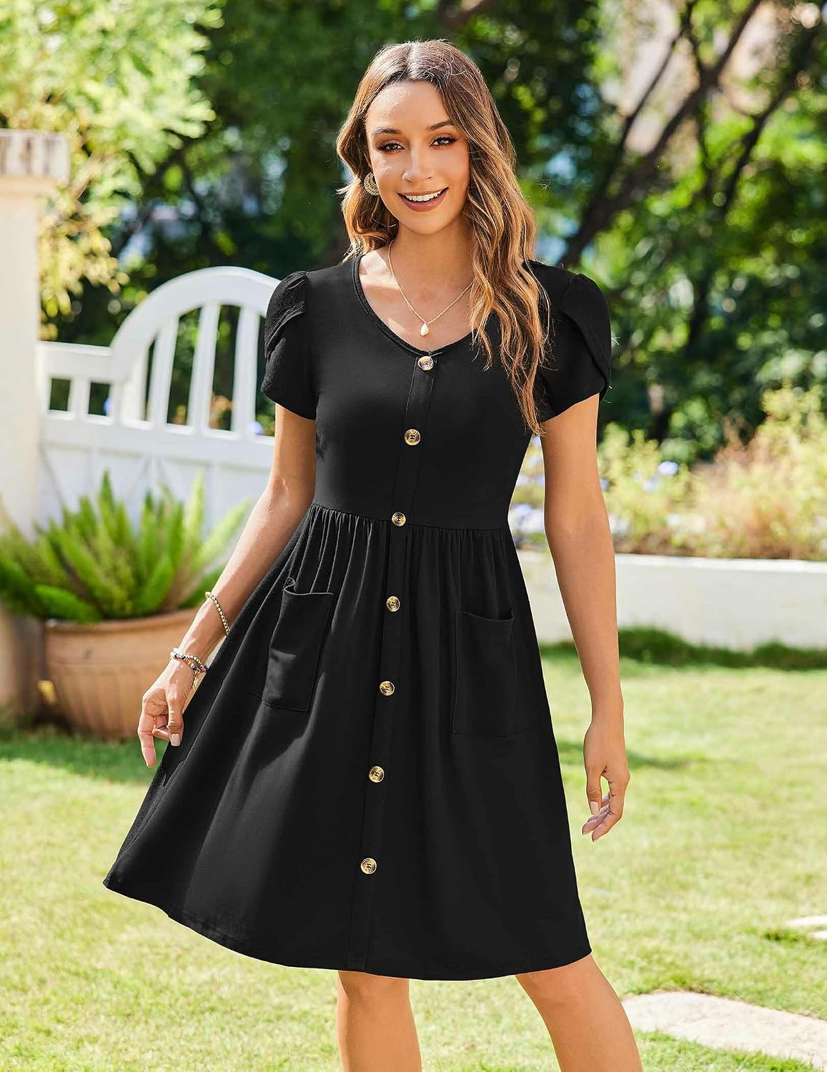 Minimalist 2026 Women's Summer Mini Petal Short Sleeve Pleated Button Down V Neck Floral Beach Swing Vacation Dress