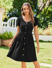Minimalist 2026 Women's Summer Mini Petal Short Sleeve Pleated Button Down V Neck Floral Beach Swing Vacation Dress