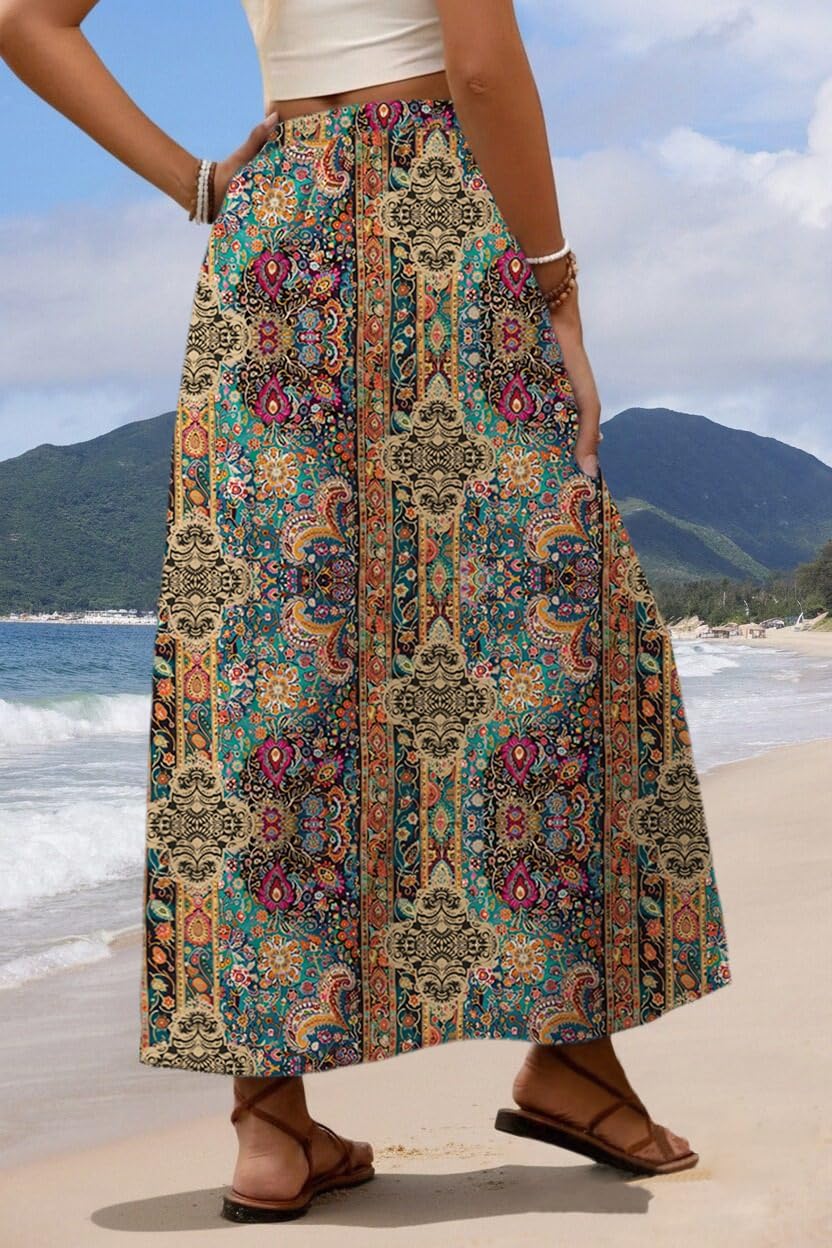2026 Minimalist Boho Floral Maxi Skirt for Women Casual Elastic High Waist Flowy A Line Long Beach Skirt with Side Pockets