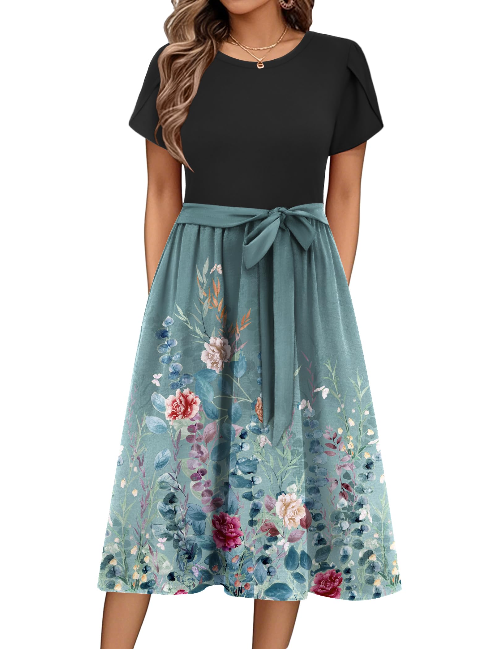 Womens Minimalist Summer Midi Dress Short Sleeve Casual 2025 Floral T-Shirt Dress Flowy Beach Sundress with Pockets