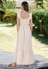 Minimalist Women's Retro Plaid Smocked Spaghetti Strap Flounce Long Casual Daily Wear Dress